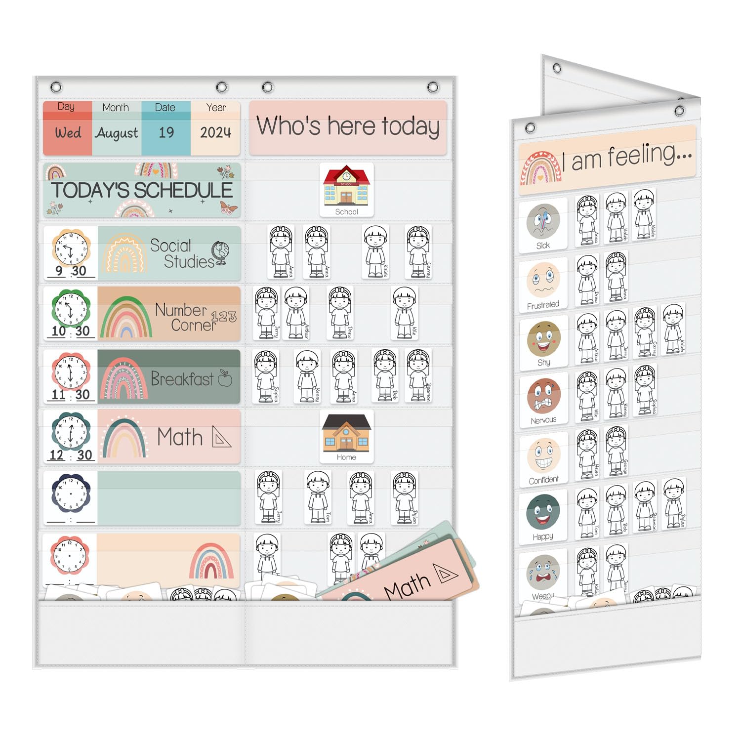 BOHEMIANY Large Daily Schedule Pocket Chart 34” X 24”, 16+2 Pockets Classroom Pocket Chart with 72 Cards, Foldable Sign-in Chart, Feeling Chart for Classroom Essentials for Teachers(White)