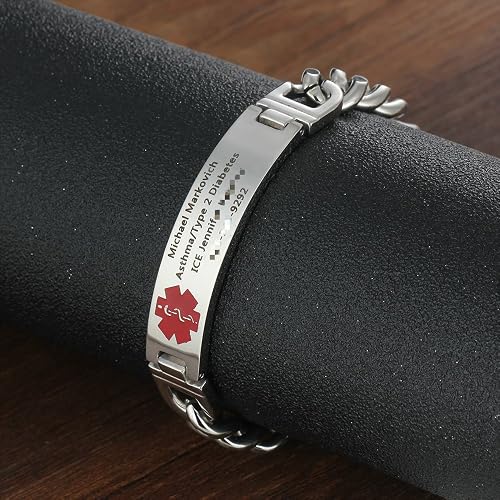 Medical Alert ID Bracelet - Stainless Steel, Free Engraving, 7-8.5 Inch, Emergency Info - View #3