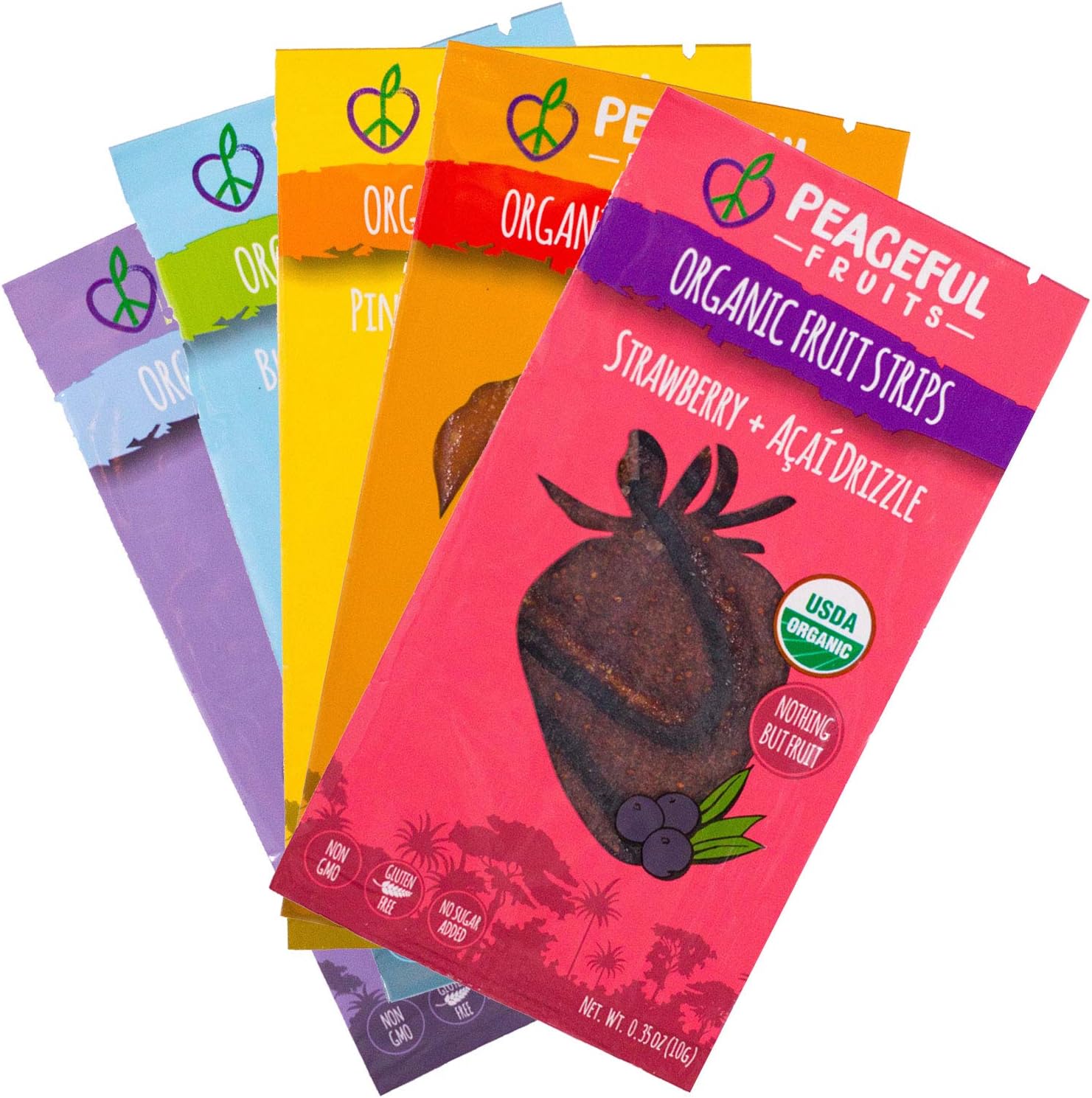 Peaceful Fruits 100% Fruit Strips (Variety pack (strawberry, blueberry, mango, pineapple, acai), 20 count)USDA Organic
