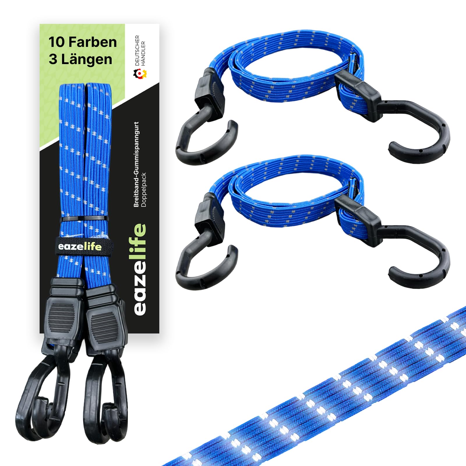 Set of 2 Rubber Tension Straps, Adjustable, Broadband Expander with Metal Hooks, Strong Resilient for Car, Bicycle and Outdoor Activities (10 Colours, 3 Lengths) (Ocean, 120 cm)