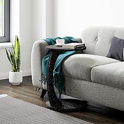 C-Shaped Round End Table with Rolling Wheels