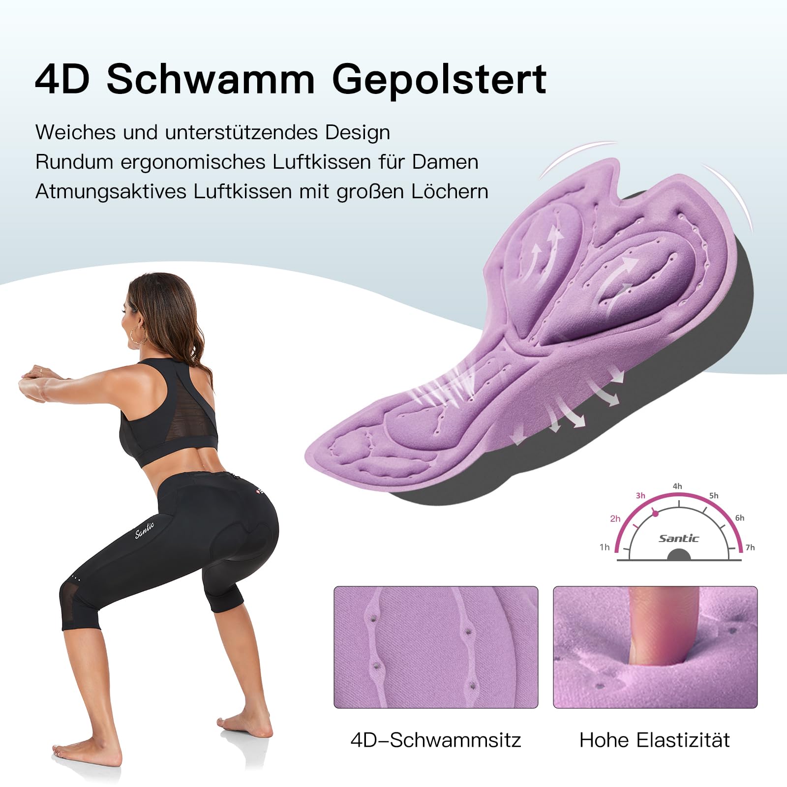 Santic Radlerhose Damen 3/4 Fahrradhose Gepolstert Radsportshorts Radhose Radsport-Leggings Tights Sitzpolster Elastische Schnell Trocknend Atmungsaktive Schwarz XXL 5