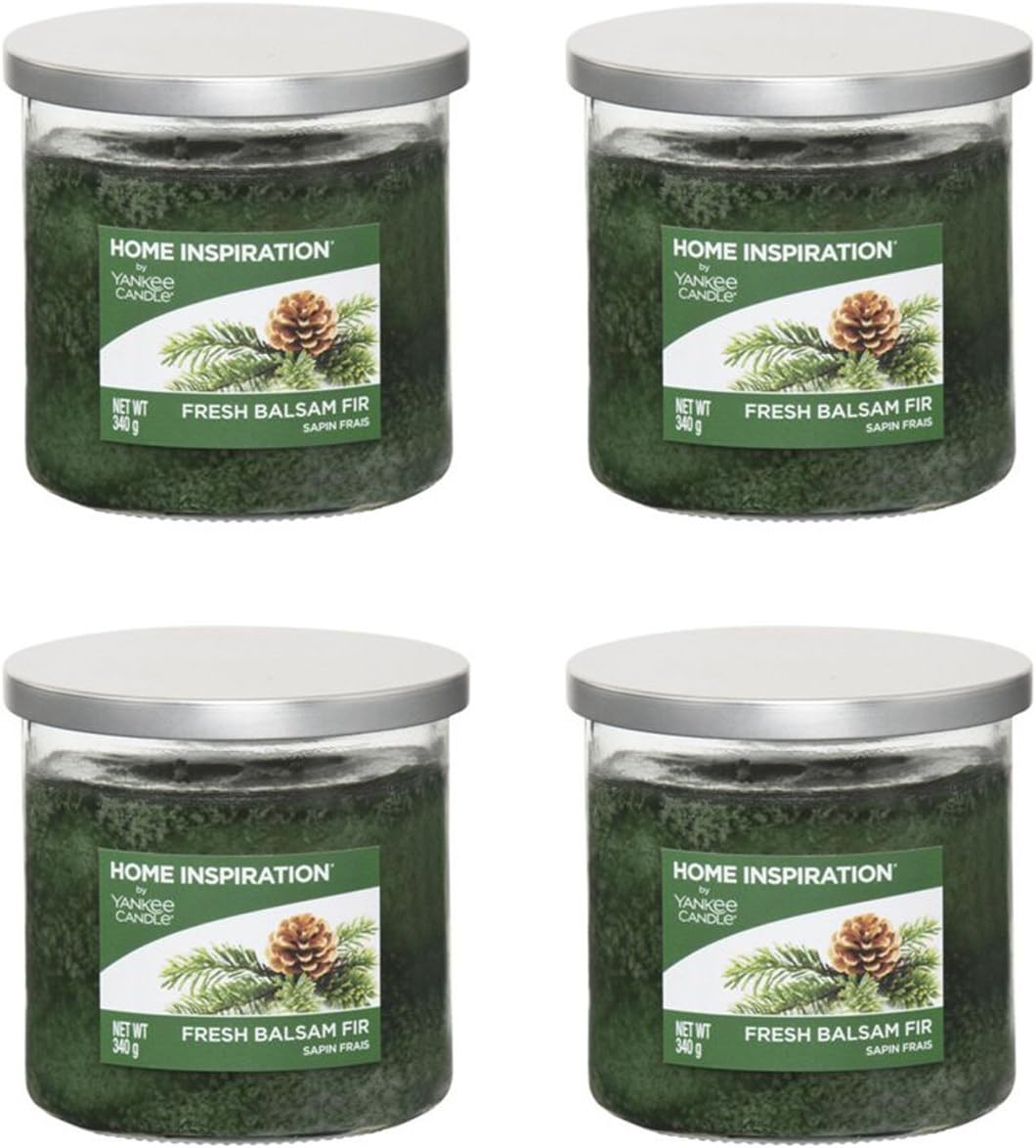 (Pack of 4) Home Inspiration by Yankee Candle Balsam Fir home fragrance aromatherapy luxury scented perfumed Candle Glass Jar with Lid - Approx. burn time 40 hours - 2 wicks