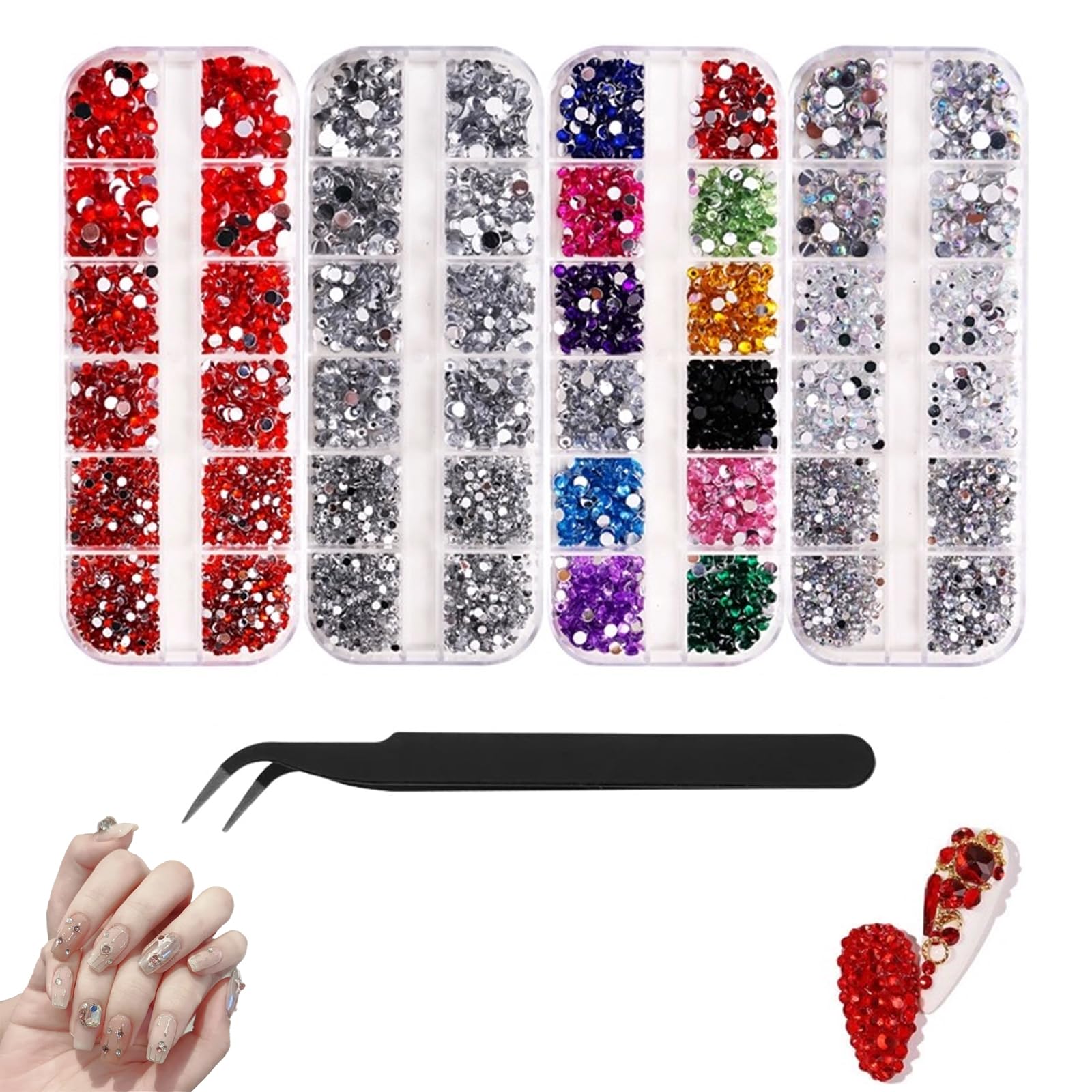 Rhinestones, 4800 Pcs Flat Back Gems Round Crystal Rhinestones with Tweezers, (2-4mm) AB Rhinestones Nail Gems Bedazzling Kit for Crafts Nail Face Art Clothes Bags DIY(Multicolors)