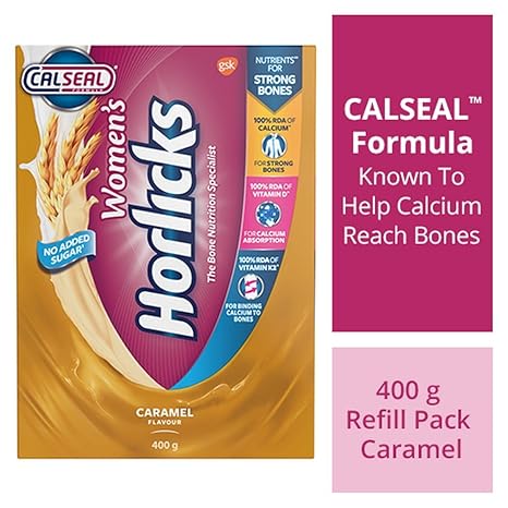 Womens Horlicks Health and Nutrition Drink, 400 gm, Caramel Flavor Refill Pack (No Added Sugar)
