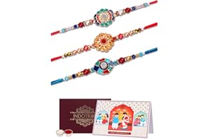 IndoTribe, Rakhi For Brother with Gift Set - Set of 3, Rakhi For Brother with Card, Roli Chawal | Rakhi for Brother and Bhabhi | Rakhi For Brother | Bhaiya Bhabhi Rakhi | Raksha Bandhan Rakhi