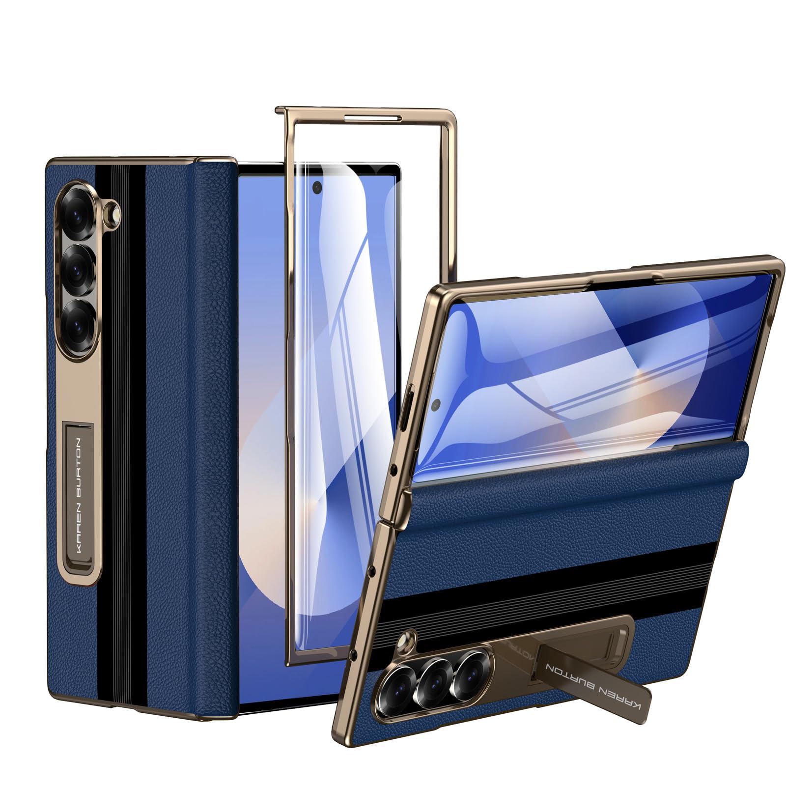 Photo 1 of Kalernd for Samsung Galaxy Z Fold 6 Phone Case [Luxury Premier Genuine Leather] [Full Body Hinge Protection] [Built-in Screen Protector] [Kickstand Slim Protective Cover] for Galaxy Z Fold6 (Blue)