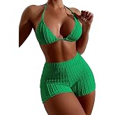 COZYEASE Women's 2 Piece Swimsuits Halter Triangle Top with High Waisted Shorts Bathing Suits Bikini Sets