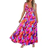 CURBODO Women's Summer Maxi Dress Boho Spaghetti Straps Casual Long A-line Smocked Beach Dress Square Neck Flowy Sun Dress