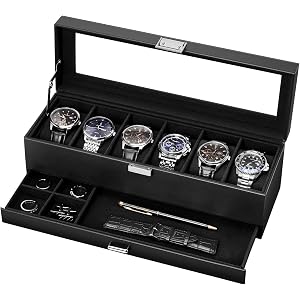 Lolalet 6-Slot Watch Case for Men, Mens Jewelry Box with Glass Lid -Black | Watch & Jewelry Box with Drawer, Easy-Clean PU Le