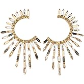 Women's Gold-Tone Crystal Fringe Hoop Earrings, Sunburst Crescent Baguette Crystal and Rhinestone Statement Jewelry