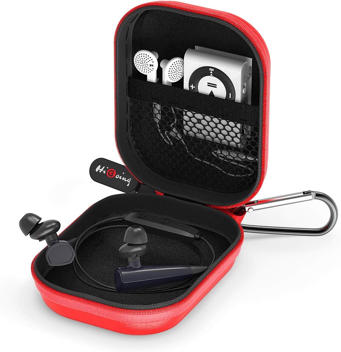 Earbud Case, HiGoing Mini Earphone Case EVA Hard Protective Carrying Case Travel Portable Pouch Storage Bag for Earset & Mini Items (Square Case with Carabiner)