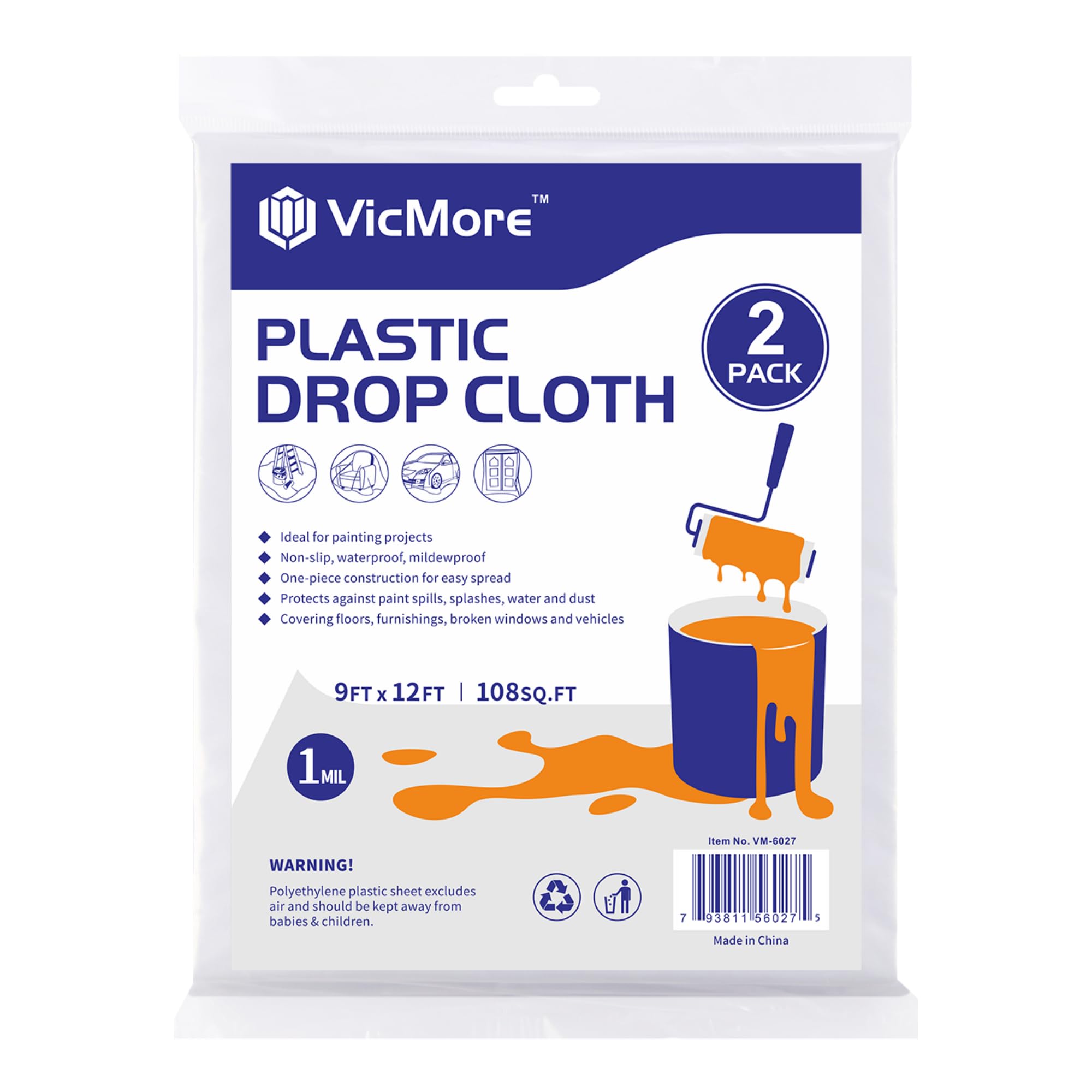 Photo 1 of VicMore 2-Pack Plastic Drop Cloth 9x12 Feet - Waterproof and Clear Tarp for Painting, Furniture Protection, and Floor Covering - Durable Multipurpose Sheeting