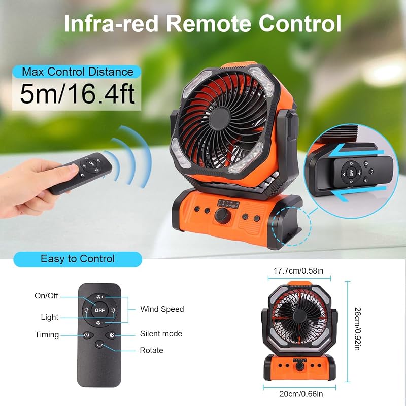 20000mAh Camping Ventilator, Wiederaufladbarer Tischventilator USB Ventilator mit LED Licht & Haken, 270° Drehung mit Fernbedienung, Clip Fan für Outdoor Camping Stromausfall Angeln (Orange)