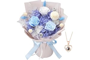 CASAIDO Preserved Flowers Bouquets Gifts fot Her, Forever Blue Flowers with Necklace, Natural Real Long Lasting Rose Flower for Valentines Wife Mothers Day Anniversary Birthday