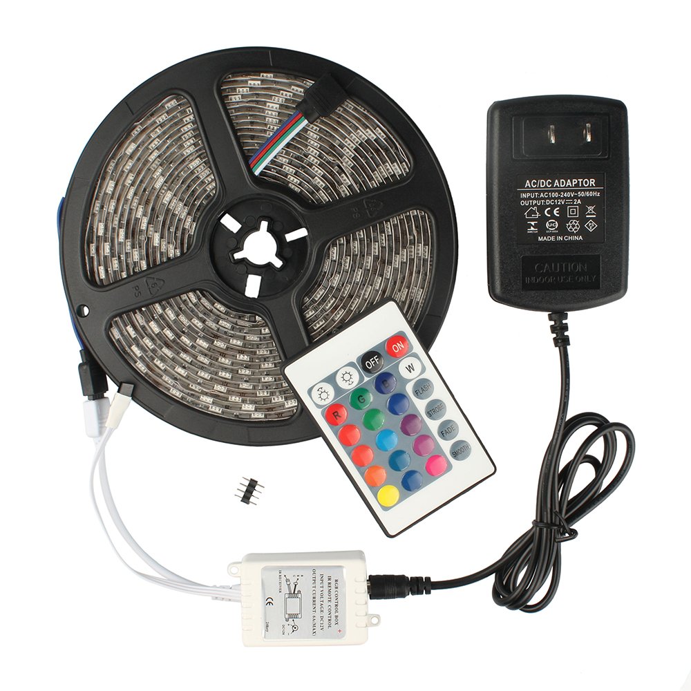 B2ocled LED RGB Flexible Strip Lights Kit SMD 5050 16.4Ft(5M) 300leds Waterproof Color Changing with 24key IR Controller and 12V 2A Power Supply Adapter