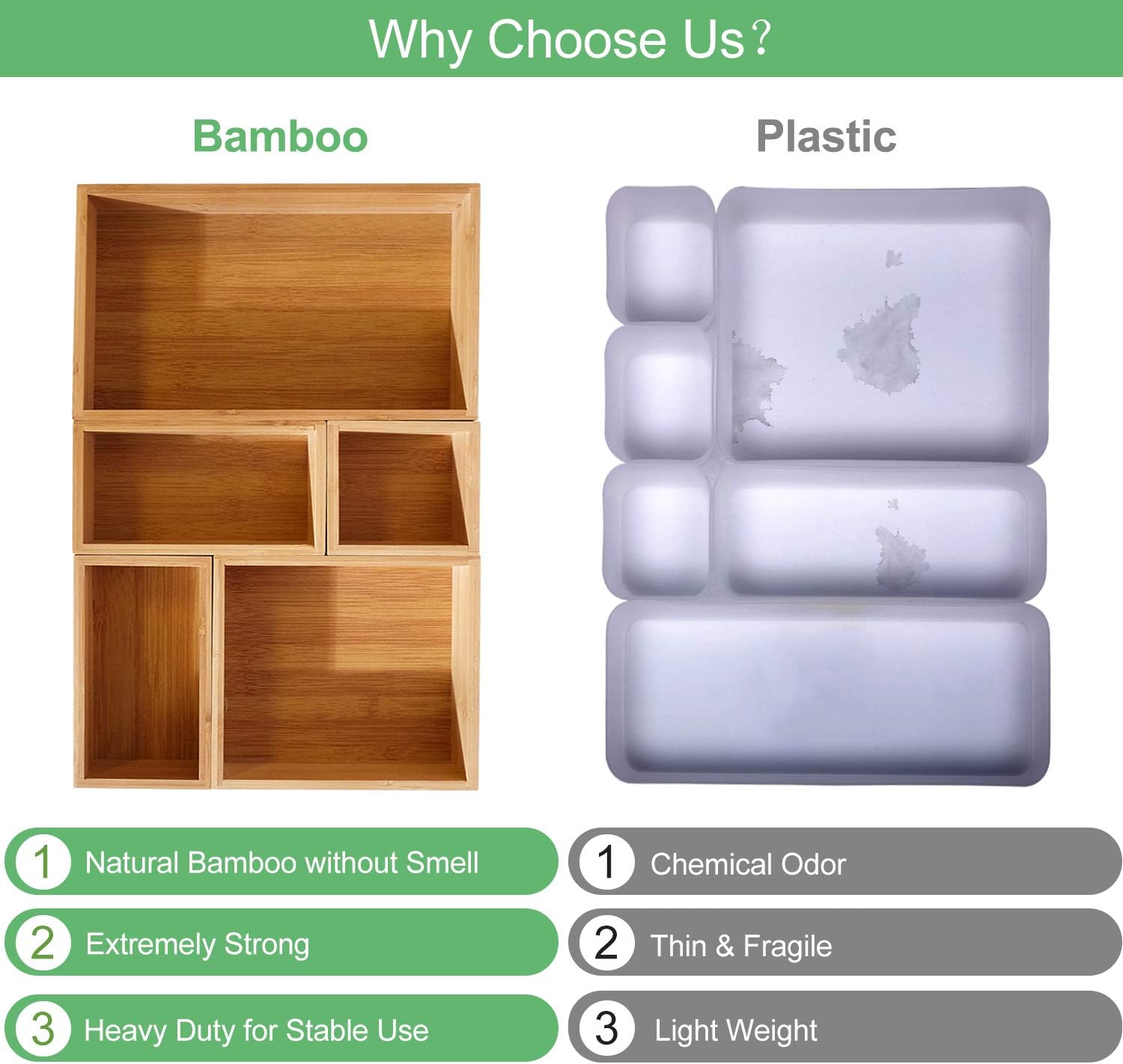 5 Piece Bamboo Drawer Organizer Set, Luxury Wooden Desk Storage Box Kit, Multi-use Junk Drawer Organizer for Office, Kitchen, Bedroom, Children Room, Craft, Sewing : Office Products