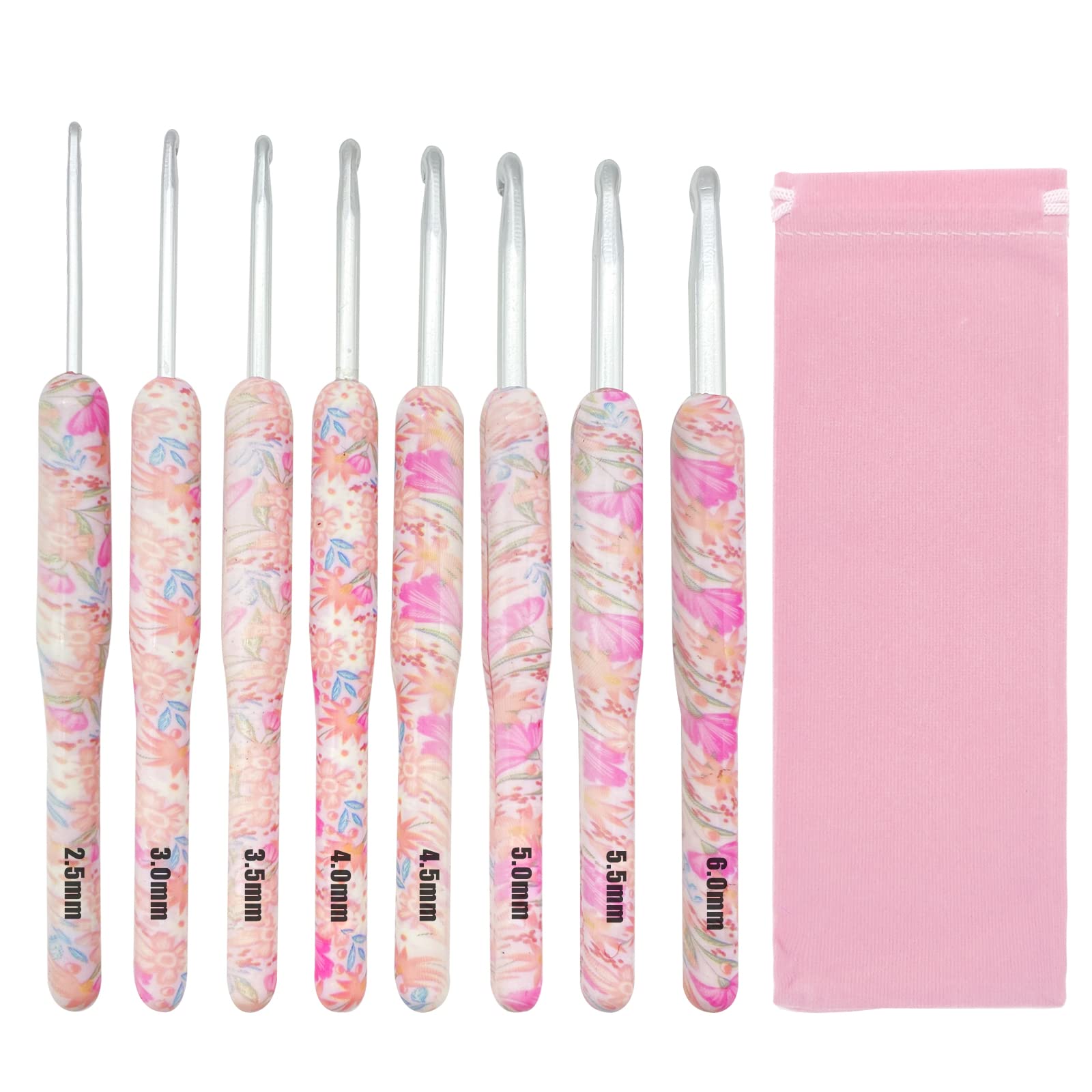 Pink Crochet Hook Set for Beginners - 8pc Plastic Grip Set with Pouch Case - Arthritic Hands Friendly