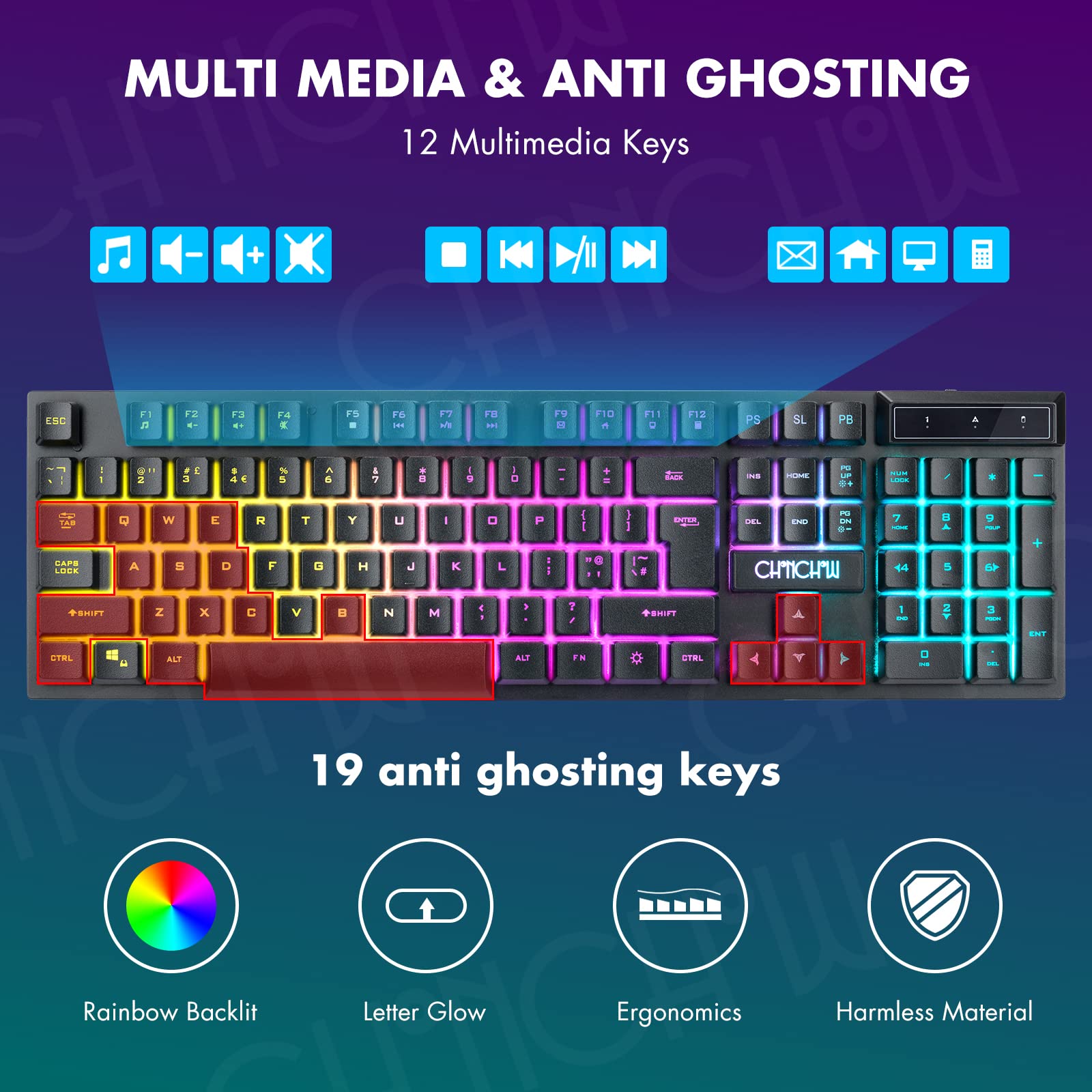 CHONCHOW Wireless Gaming Keyboard and Mouse Combo, Rechargeable Rainbow LED Light Up Wireless Keyboard and Ergonomic Wireless Gaming Mouse, Wireless Gaming Mouse Keyboard for Xbox PS4 PS5 PC Laptop