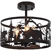 Farmhouse Rustic Slanted Ceiling Light Fixture - 3-Light Round E12 Base Black Metal Fixture with Deer and Bear Design - Perfe