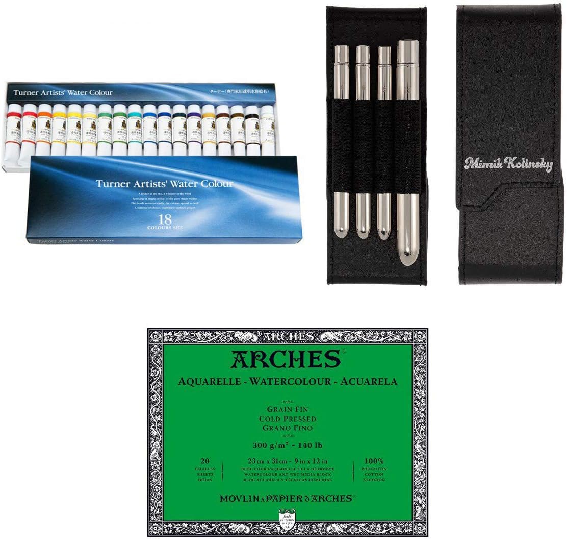 Turner Watercolor Paint Set - Set of 18 | 5ml Tubes of Assorted Colors - Mimik Kolinsky Deluxe Travel Set - 9x12 Arches 140CP Watercolor Block
