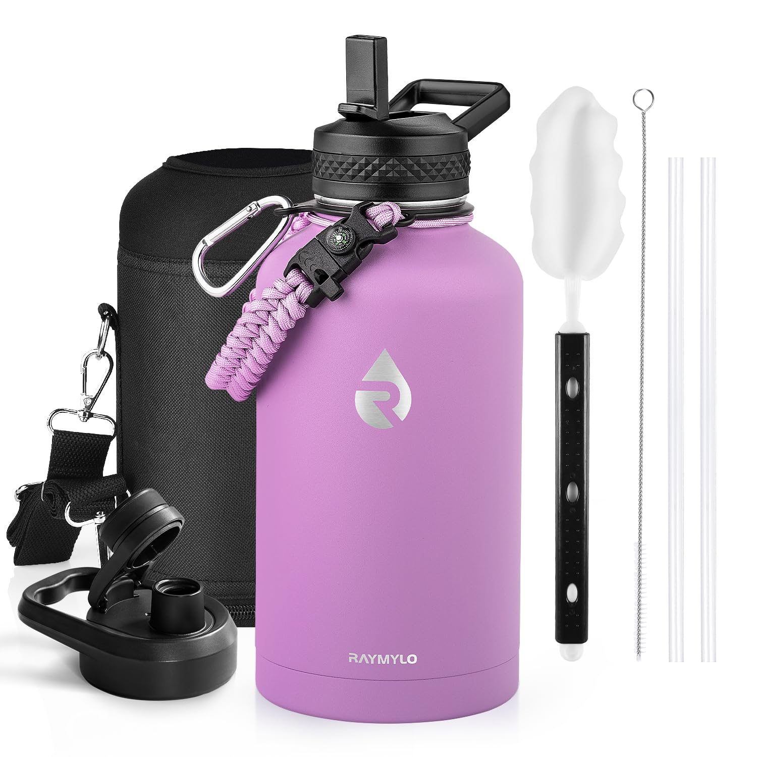 Photo 1 of ***MISSING OTHER LID & CLEANING ACCESSORIES*** RAYMYLO Insulated Water Bottle 64 oz, Triple Wall Vacuum Stainless Steel (Cold for 48 Hrs), Leak Proof & Non-BPA, Half Gallon Water Flask Jug with Paracord Handle & Straw Spout Lids, Lilac