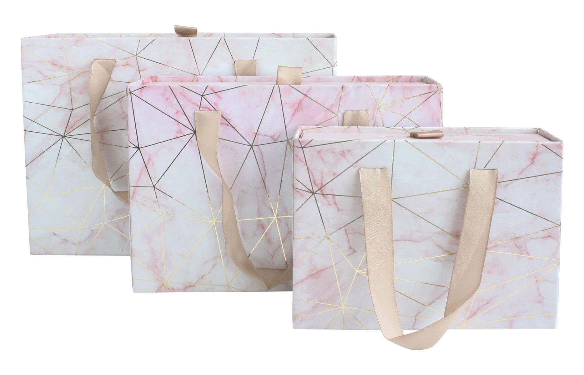 Emartbuy Set of 3 Gift Box, Pink Marble Print with Golden Origami Lines and Beige Carry Handle