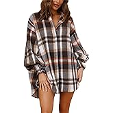 Plaid Flannel Shirts for Women - Oversized Long Sleeve Button Down Shirt Dresses Shacket Blouse Tops