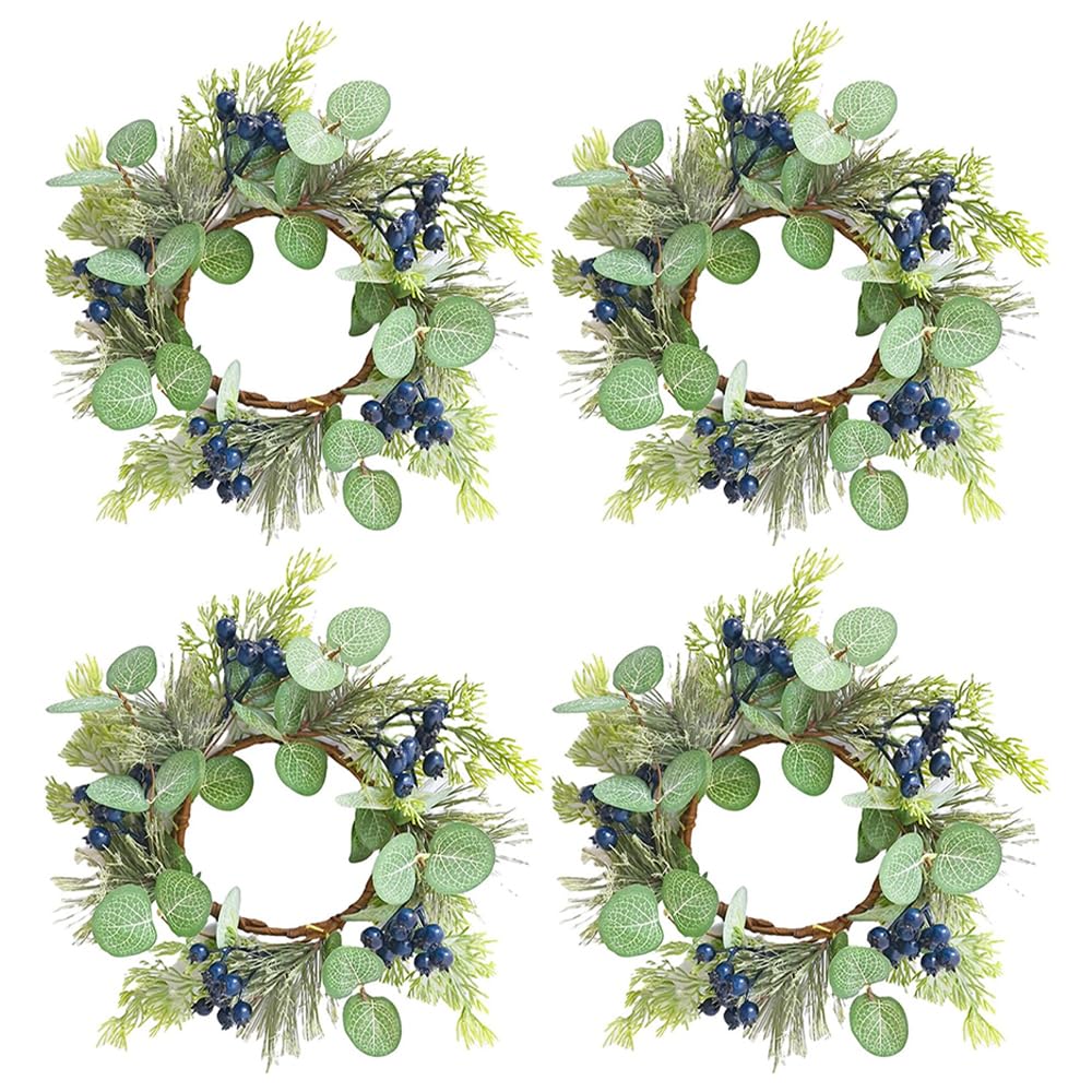 Photo 1 of 4 Pcs Candle Rings Artificial Eucalyptus Leaves with Blue Berry Norfolk Pine Wreath Small Boho Wreath Pillar Candle Holder for Spring Summer Wedding Home Door Tabletop Decoration (Blue)