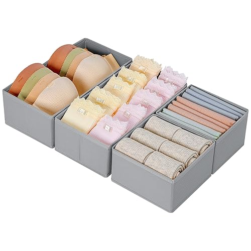 DIMJ Drawer Organisers 4 Pack Foldable Storage Box, Fabric Wardrobe Storage, Dresser Drawer Dividers Cubes for Bras, Socks, Underwear, Ties, Scarves, Cosmetics (Grey)