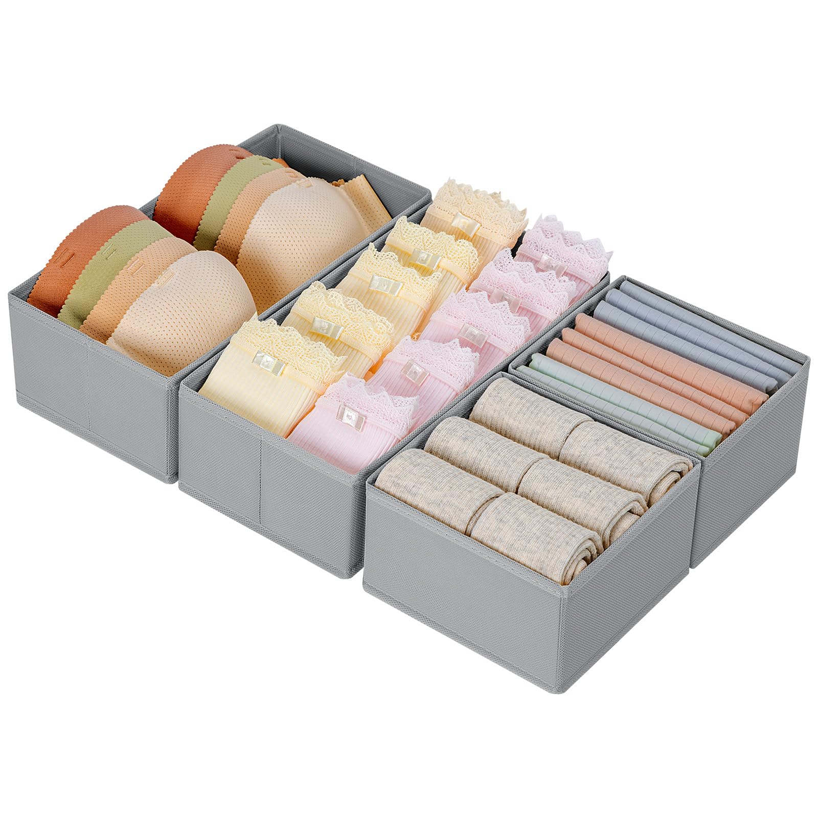 DIMJ Drawer Organisers 4 Pack Foldable Storage Box, Fabric Wardrobe Storage, Dresser Drawer Dividers Cubes for Bras, Socks, Underwear, Ties, Scarves, Cosmetics (Grey)