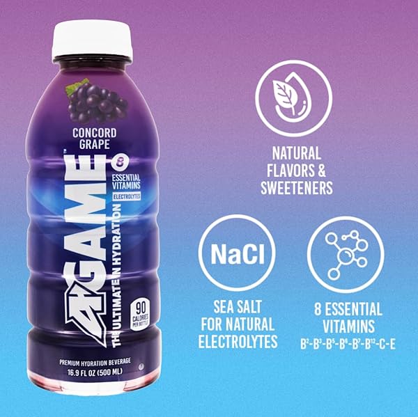 A-GAME SPORTS DRINK, CONCORD GRAPE, THE ULTIMATE HYDRATION SPORTS BEVERAGE FOR ATHLETES, 8 ESSENTIAL VITAMINS INCLUDING B, C, & E PLUS NATURAL SEA SALT ELECTROLYTES, ALL NATURAL FLAVORS & SWEETENERS, GLUTEN FREE, 16 FL OZ (PACK OF 12)