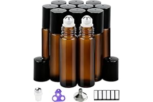 PrettyCare Set of 12, 10 ml Amber Glass Roller Bottles for Essential Oil with Stainless Steel Roller Ball - Refillable Leak-proof Empty Roll on Bottles with Black Caps for Travel, Perfume, Lab