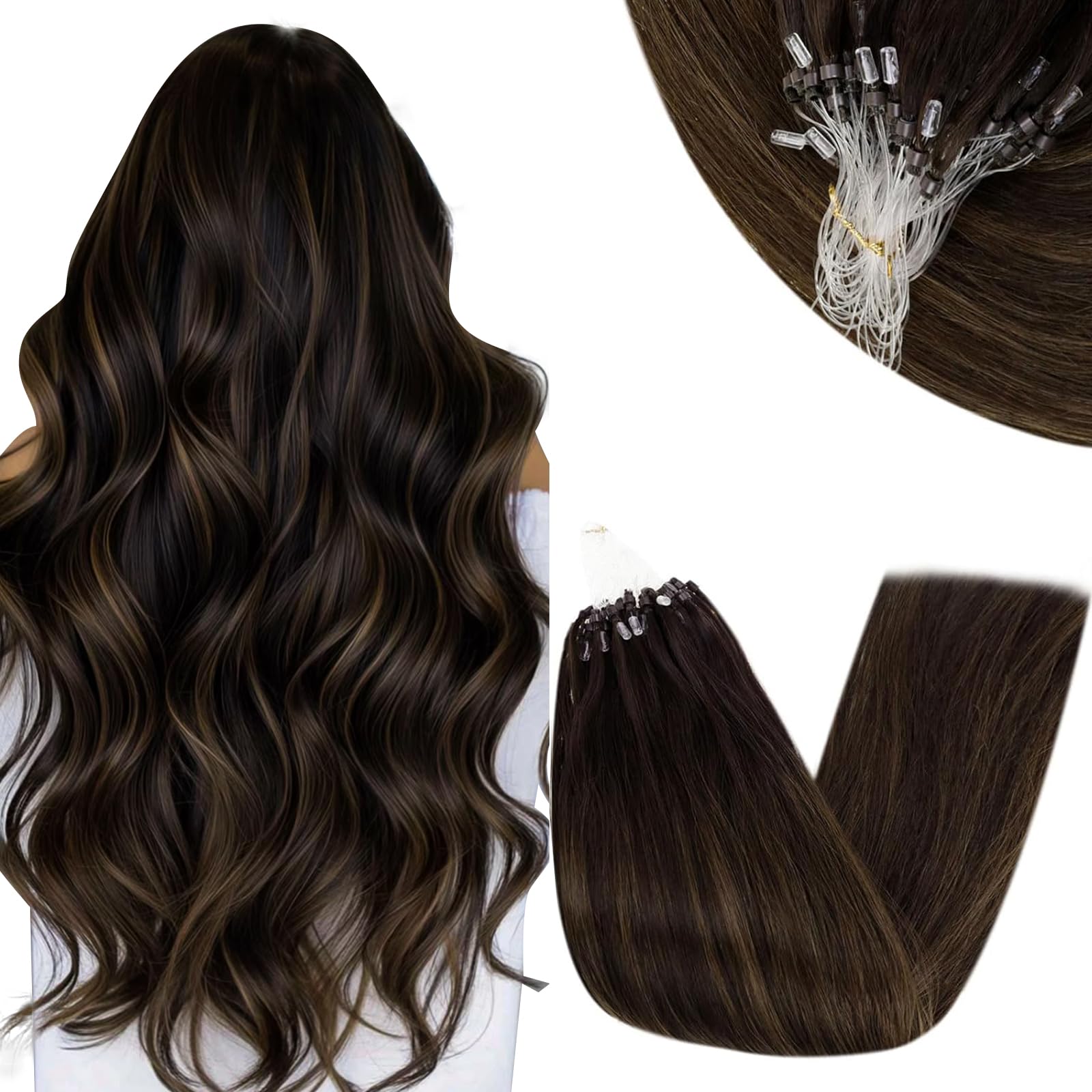 RUNATURE Micro Beads Hair Extensions 24 Inch Brown Straight Remy Human Hair Microlink Installation 50g — image 1