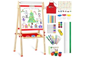 BASYTODIO Easel for Kids, Art Easel for Kids Ages 4-8 Adjustable Double-Sided Wooden Toddler Painting Easel with Paper Roll Magnetic Whiteboard & Chalkboard Drawing Board 2-4 3-5 Boy Girl Gifts 3 4 5 Year Old