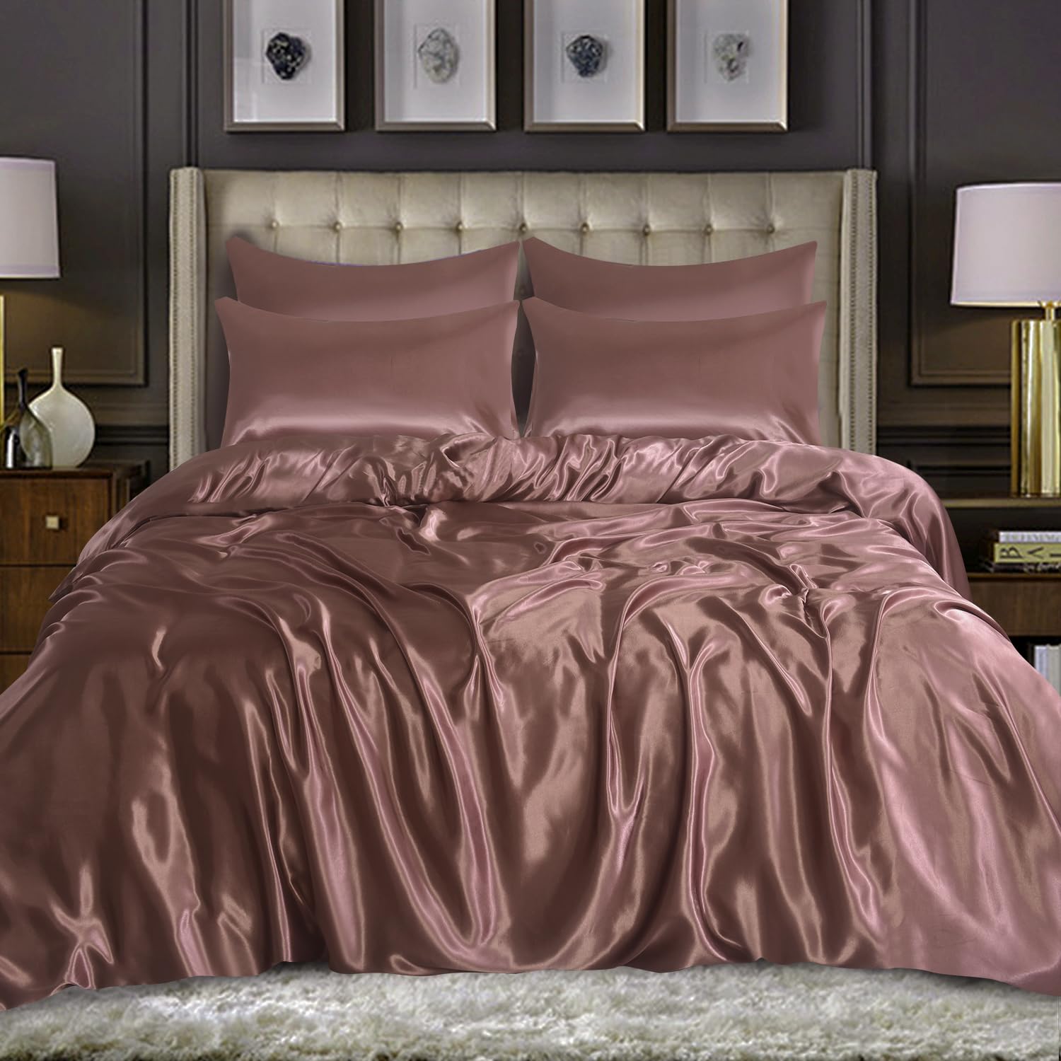 WEAVERS: Luxurious 6-Piece Silky Satin Bedding Set, Smooth & Glossy Finish, Includes Reversible Zipped Duvet Cover, 1 Fitted Sheet, and 4 Pillowcases. (Colour Blush Pink Size King)