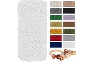 Macrame Cotton Cord 5mmx109 Yard 4 Strand, Munzong Natural Handmade 4 Twisted Cotton Rope for Wall Hanging Weaving Tapestry DIY Craft Knitting Plant Hanger Gift Wrapping Wedding Decor(100m,White)