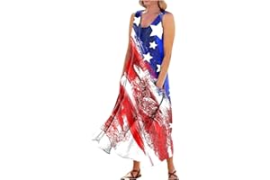 ADHOWBEW 4th of July Dress Women 2024 Sleeveless American Flag USA Patriotic Plus Size Summer Dresses