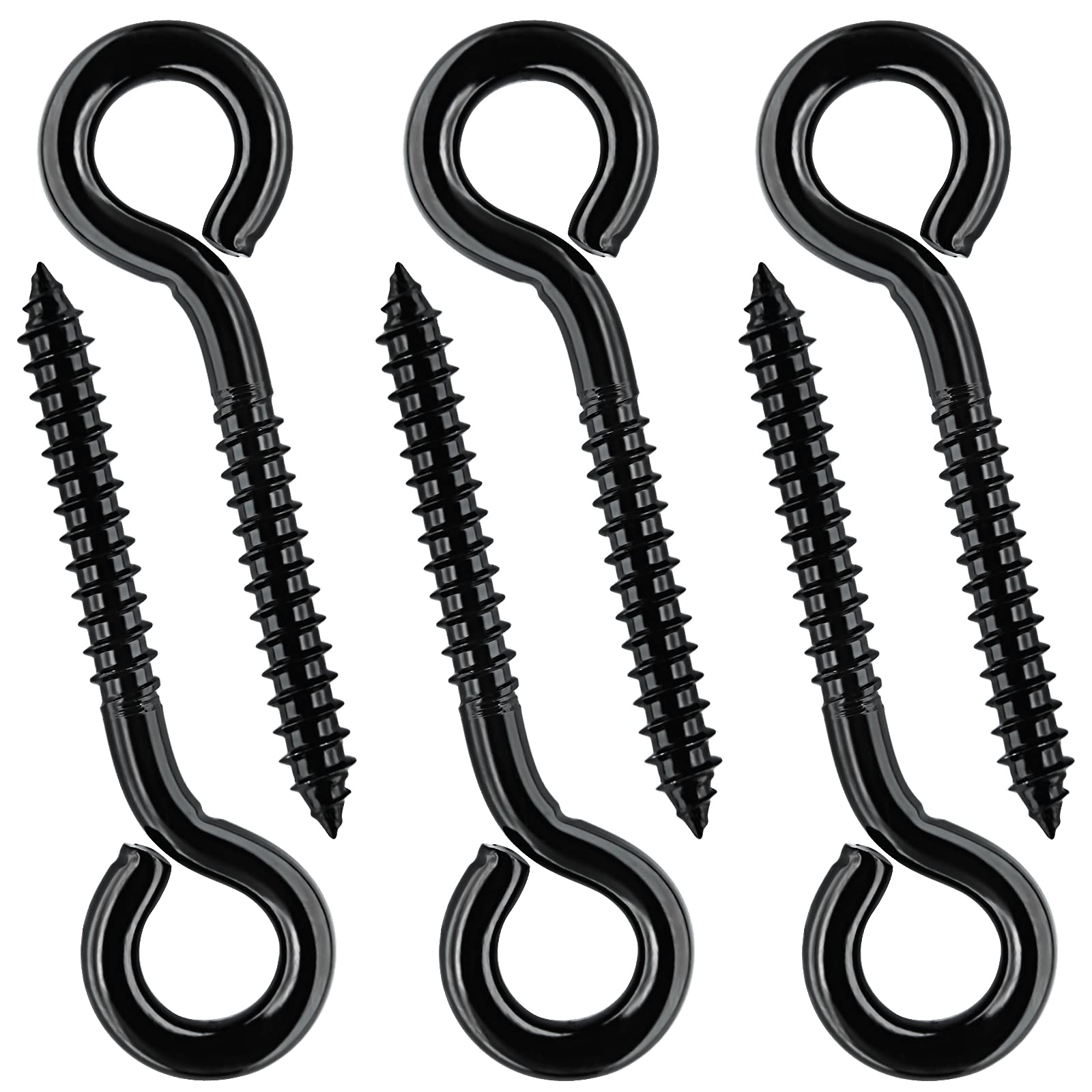 Screw Eyes, Heavy Duty Eye Screw Hooks, Screw in Eye Hooks for Indoor & Outdoor Use, Black Self Tapping Screws, Eye Bolts 6 Pack, 3.2 Inches