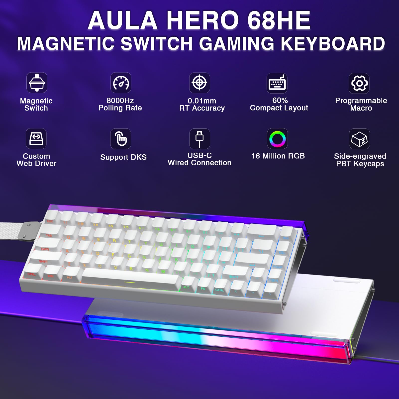 AULA Hero 68 HE 60% Gaming Keyboard Wired, Hall Effect Magnetic Switch Keyboard with Adjustable Actuation, Fast Trigger Mode, 8K Hz Polling Rate, 0.125ms Latency,Side Printed PBT Keycaps, RGB Backlit