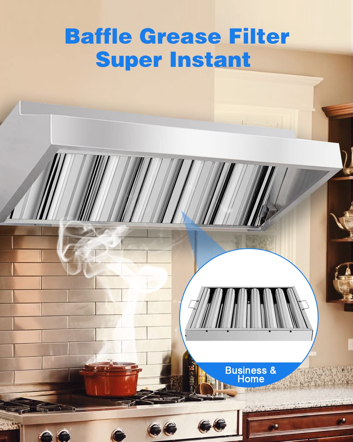 Hood Filters 19.5W x 19.5H Inch, 430 Stainless Steel 7 Grooves Commercial Baffle Grease Filter, Range Hood Filter for Grease Rated Commercial Kitchen Exhaust Hoods Pack of 6