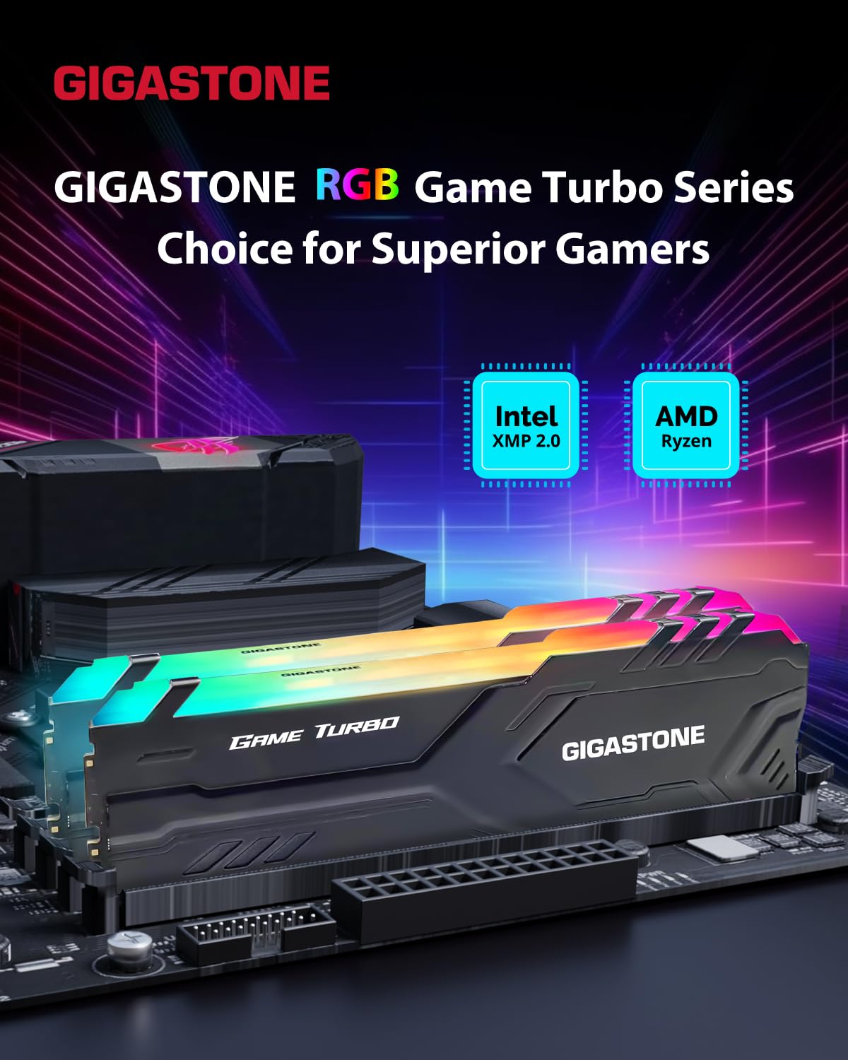 【RGB DDR4 RAM】GIGASTONE Game TURBO 32GB Kit (2x16GB)DDR4 3200MHz PC4-25600 CL16-18-18-40 Intel XMP 2.0 AMD Ryzen 1.35V UDIMM 288 Pin Unbuffered Non ECC High Performance Gaming Desktop Memory - Black