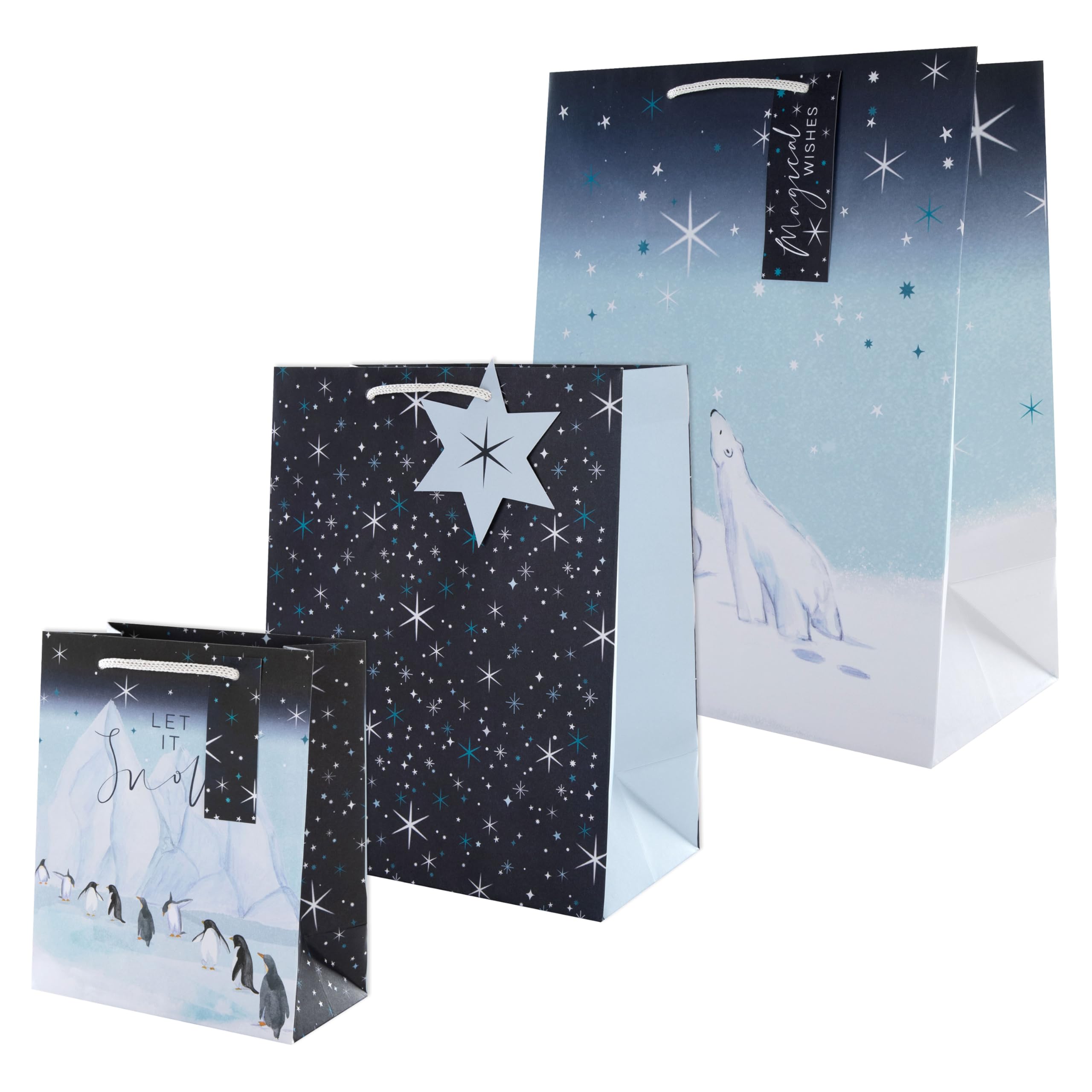Hallmark Gift Bags, Pack of 3, Large, Medium, Small, Christmas, Arctic Design, Polar Bear, Starry Night, Penguins, Navy, Blue, White