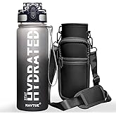 NAVTUE Water Bottle with Carrier Bag, 32 oz Sports Water Bottles with Time Marker Wide Mouth, Motivational and Leakproof Drink Bottle, BPA Free Tritan with Carry Strap for Gym Fitness Outdoor