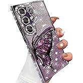 Changjia for Samsung Galaxy S25 Ultra Glitter 3D Butterfly Case,Cute Luxury Bling Sparkly Diamond Rhinestone Liquid Flowing Case with Camera Lens Protector Women Girl Cover for Galaxy S25 Ultra,Purple