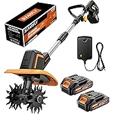 SOARFLY Cordless Tiller Cultivator for Gardening, 9" Width 6.6" Depth | Battery Powered Rototiller, Dual 2.0Ah Batteries, 48 Steel Tines Electric Small Tiller for Soil, Lawn Care, Small Garden Beds