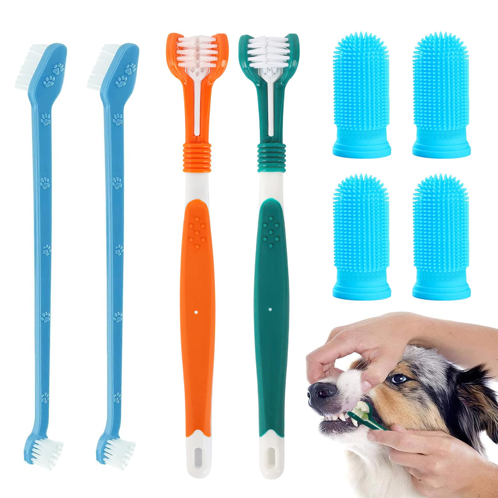 Vinuwu Dog Toothbrush Set, 2 Pack Triple Heads Dog Toothbrushes with 4 Pet Finger Toothbrushes, 2 Dual-Dead Toothbrush, Multi-Angle Dental Teeth Cleaning Products for Small Medium, and Large Pets