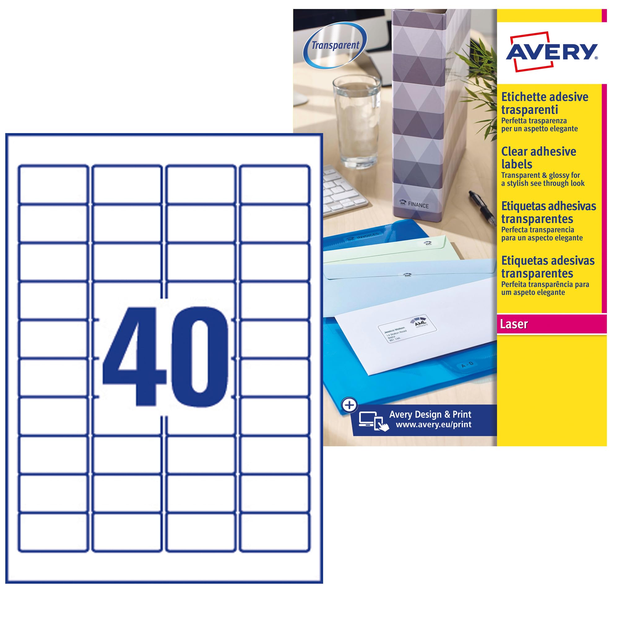 Avery L7781-25 Self-Adhesive Crystal Clear Transparent Labels, 40 Labels Per A4 Sheet