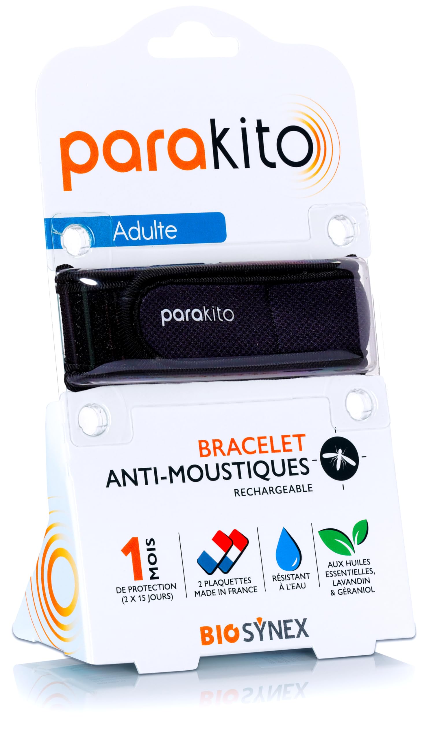 BIOSYNEX - Parakito - Rechargeable Mosquito Repellent Bracelet - 2 Refills Included - 30 Days of Use - Deet Free - Colour: Black - Adult Size