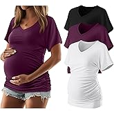 Ficerd 3 Packs Womens Maternity Shirts V Neck Dolman Short Sleeve Loose Side Ruched Tunic Tops Pregnancy Clothes